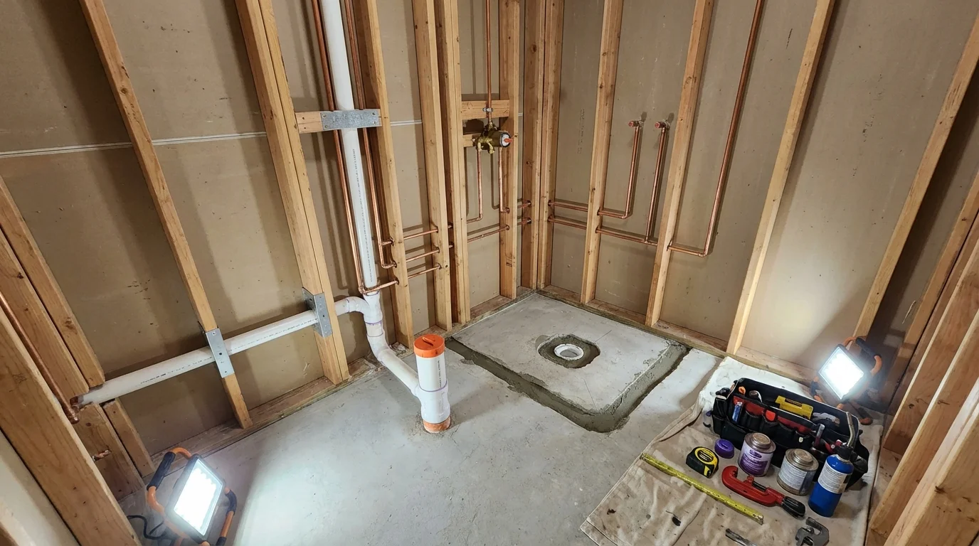 Bathroom rough-in plumbing during remodel by Johns Plumbing LLC in Farmville