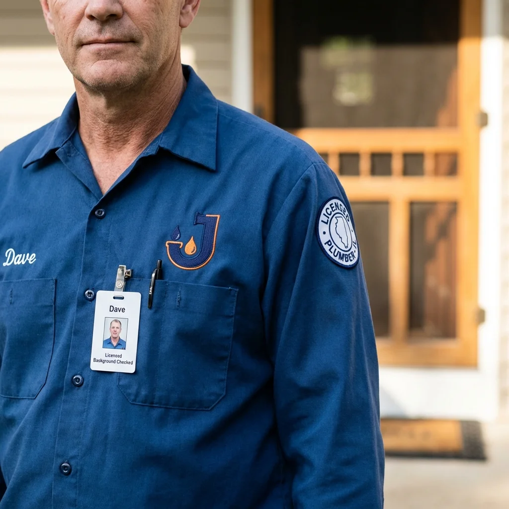 Licensed plumber showing ID badge in Farmville, VA