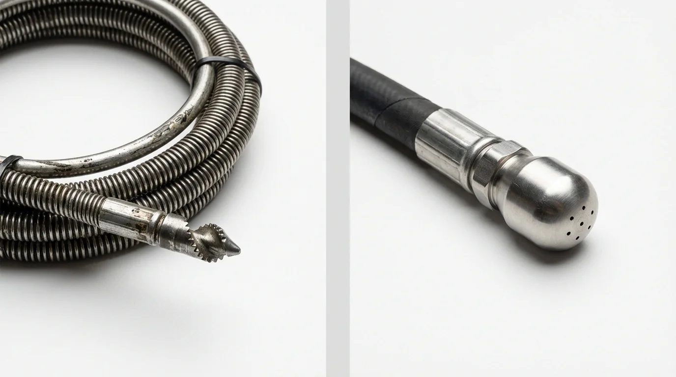 Drain snake cable and hydro jetting nozzle used for drain cleaning in Farmville, VA