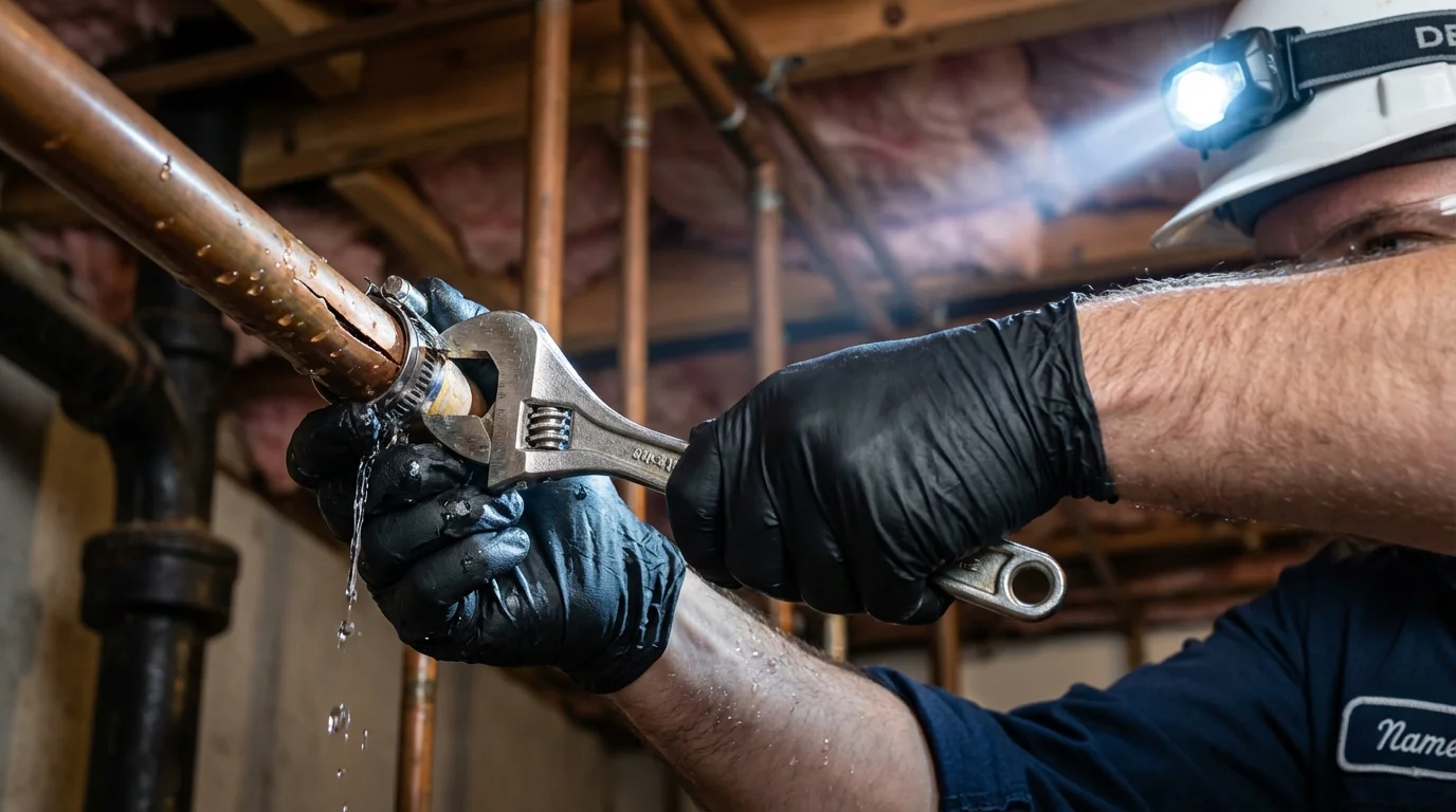 Emergency pipe clamp repair being performed by a Johns Plumbing LLC plumber in Farmville