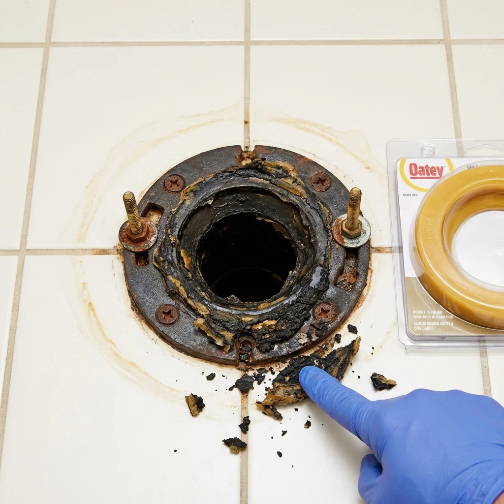 Failed wax ring showing water seepage at the base of a toilet in a Farmville, VA home