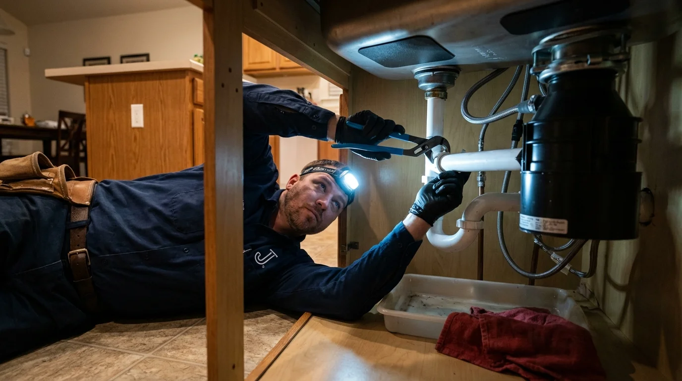 P-trap and supply line connections under a kitchen sink showing a common leak point in Farmville, VA